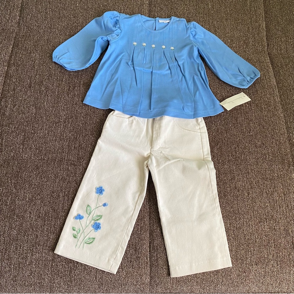NWT Fantaisie Kids Smocked White Flower Cotton Top & White Pants